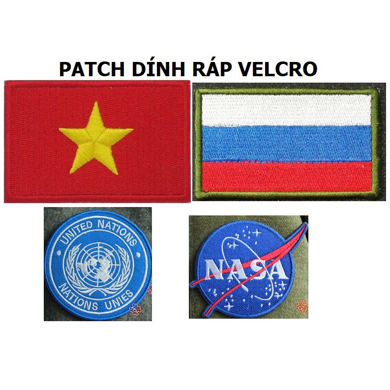 Tấm Patch Thêu dán ráp Velcro cờ Việt Nam và nước ngoài NASA, LHQ Miếng dán ráp logo cờ Áo Khoác Băng Tay Ba Lô Vải nhám