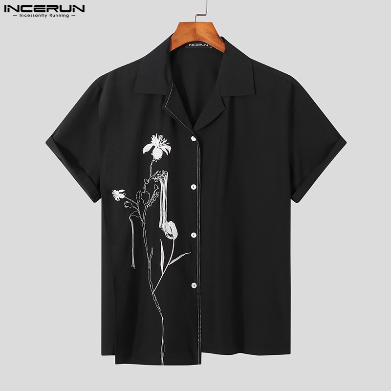 INCERUN Áo Sơ Mi Cổ Bẻ Tay Ngắn In Hoạ Tiết Đơn Giản Trẻ Trung Dành Cho Nam Giới
