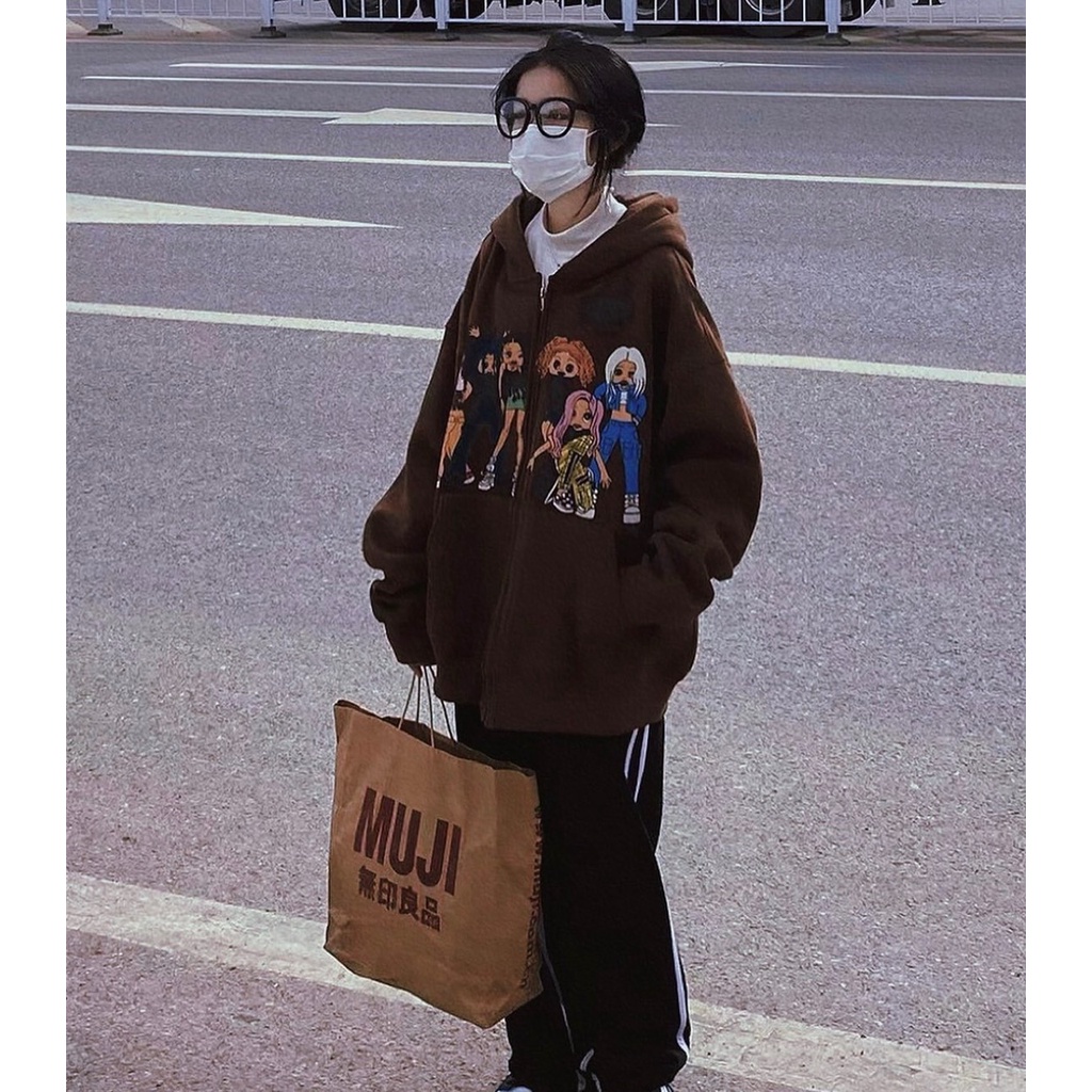 Áo Khoác Nâu Xinh Khóa Kéo Áo Khoác Nỉ Ngoại Mềm Mịn Form Rộng Unisex