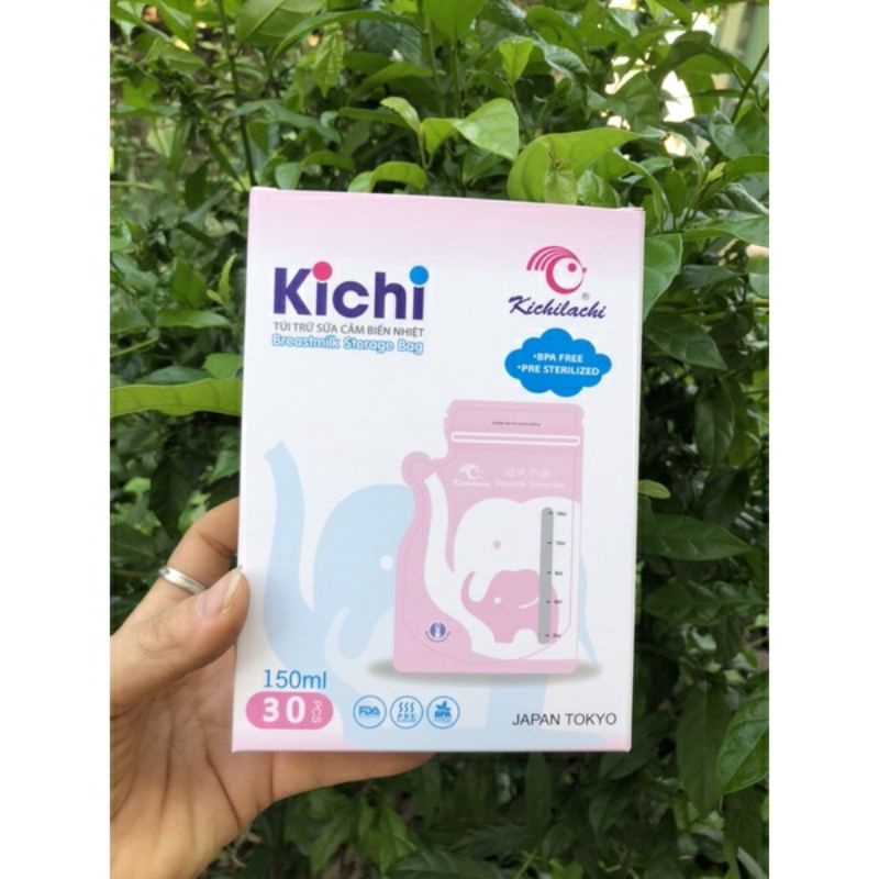 Hộp 30 túi trữ sữa Mẹ 150ml Kichi Kichilachi có cảm ứng nhiệt - K30V - có vòi rót 1 bên