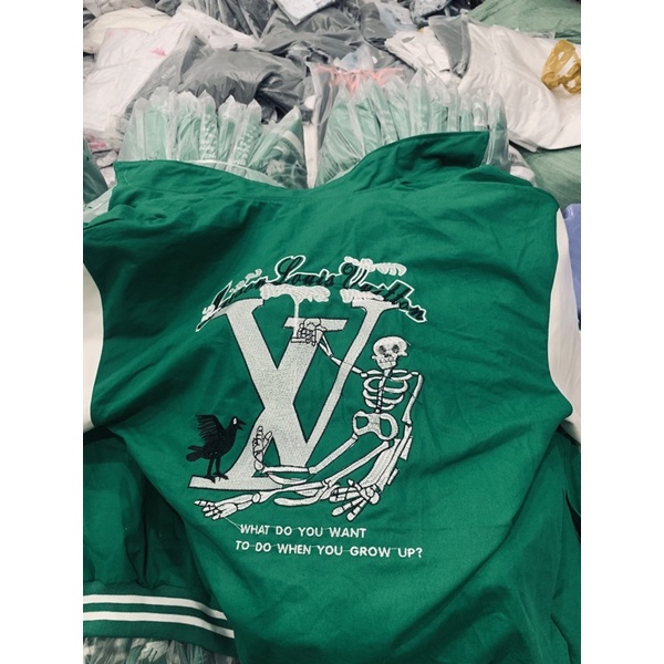 Khoác bóng chày, bomber LV tay da hoạ tiết full thêu (có ảnh thật) - LC