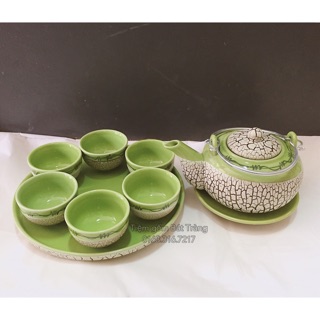 Bộ ấm chén men rạn khay tròn Bát Tràng