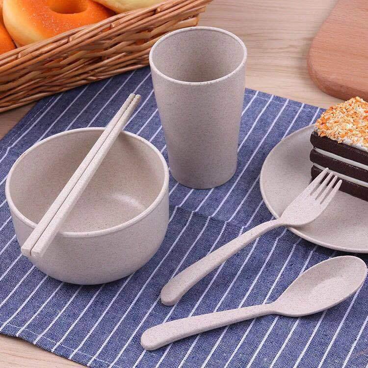 Bộ 6 món ly chén muỗng nĩa dĩa đũa lúa mạch