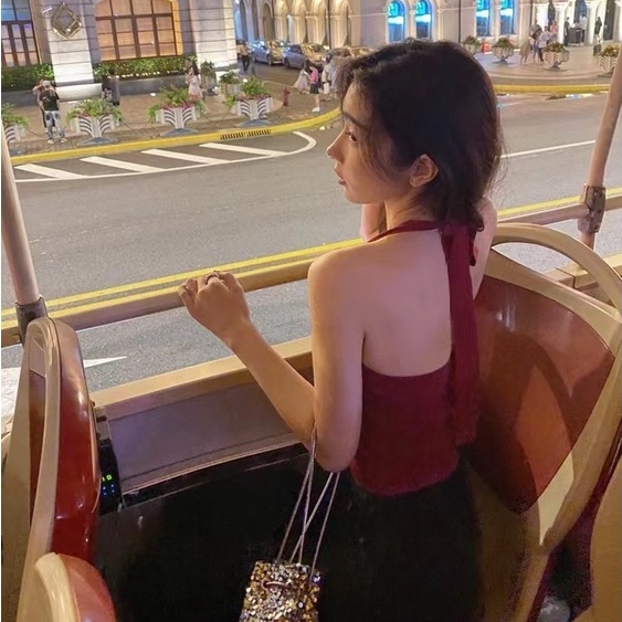 Áo Hai Dây Dệt Kim Màu Đỏ Phong Cách Retro Thời Trang Mùa Hè Cho Nữ