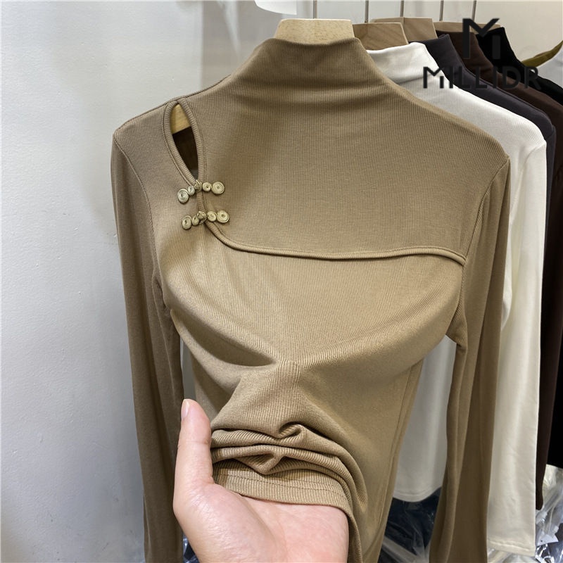 Áo Thun Tay Dài Cổ Cao Có Nút Thiết Kế Mới Thời Trang Mùa Thu Dành Cho