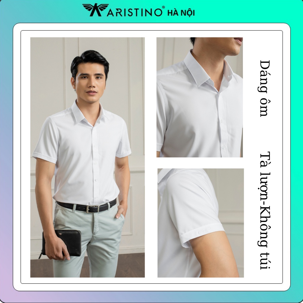 Áo sơ mi nam ngắn tay Aristino màu trắng  trơn siêu nhẹ nhanh khô ,dáng ôm ,tà lượn không túi ASSR17