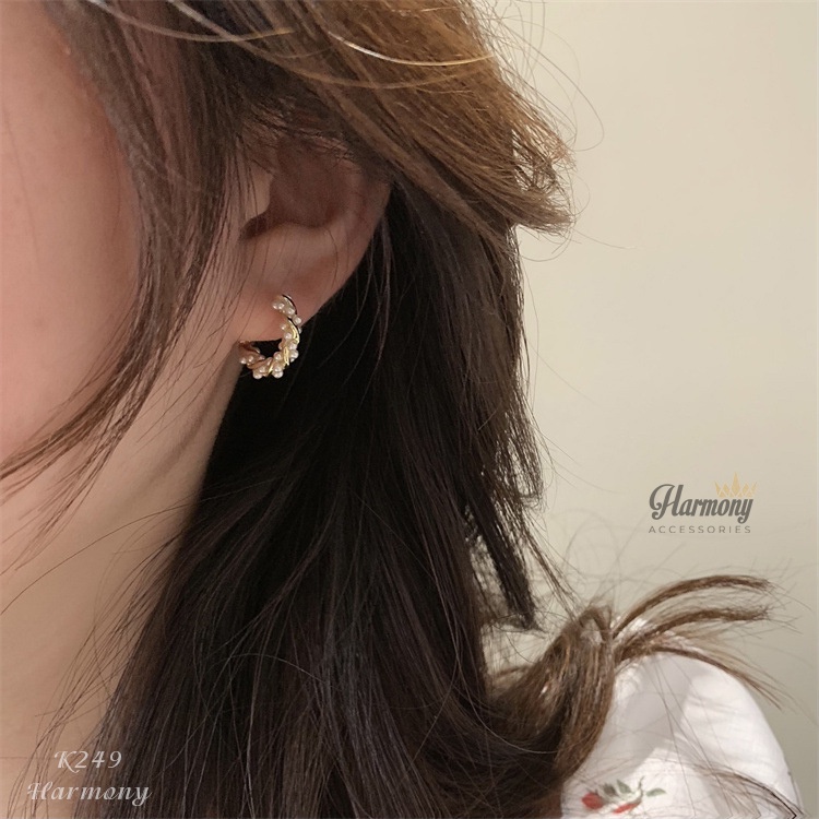 Khuyên tai tròn ngọc trai nhân tạo chất liệu bạc 2 màu bạc vàng chuỗi hạt | HARMONY ACCESSORIES K249