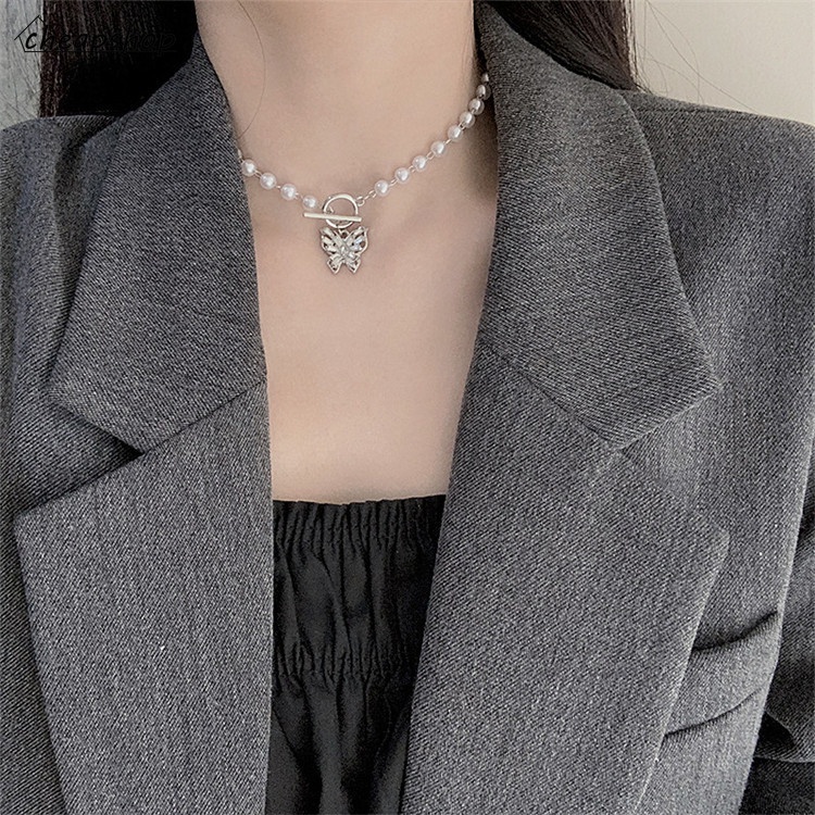 iF YOU Vòng cổ hợp kim xỏ hạt ngọc trai giả mặt hình bướm xinh xắn cho nữ