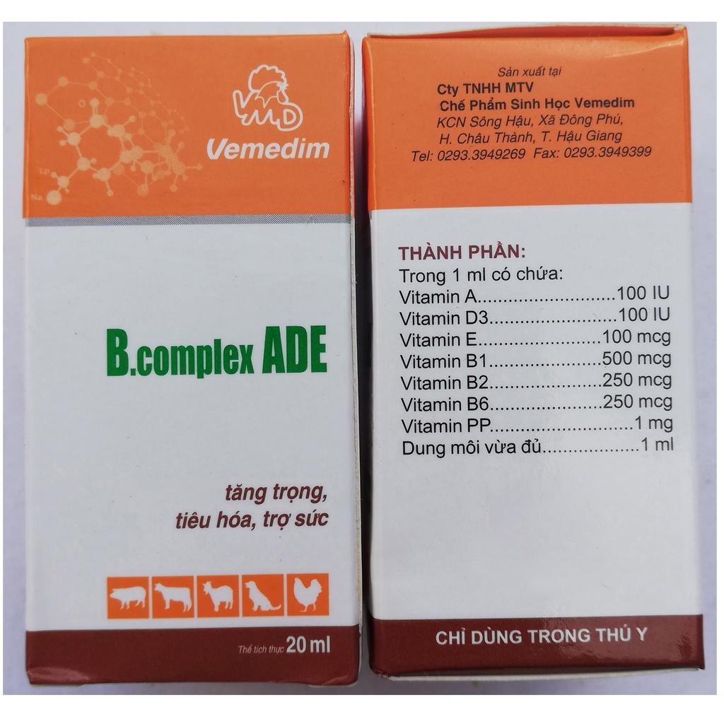 1 lọ ADE B.COMPLEX 20ml  Cung cấp các vitamin nhóm B giúp vật nuôi tăng trọng, hỗ trợ tiêu hoá, trợ sức