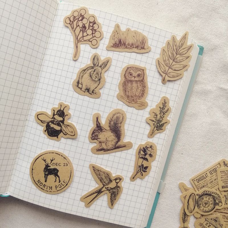 Set 23 sticker cổ điển trên nền giấy kraft nâu dùng trang trí bullet journal - ginandtonic