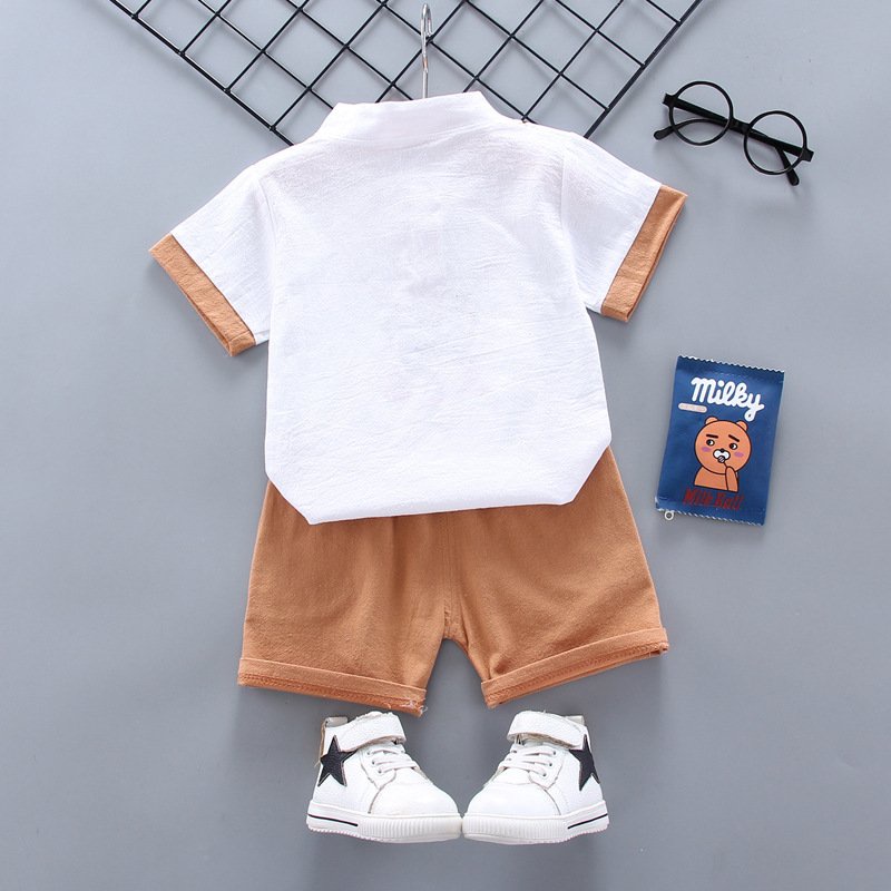 Bộ cộc tay cho bé trai binbon kids , Đồ bộ bé trai chất đũi in hình cổ vòng cho bé từ 6 - 27kg QATEV01