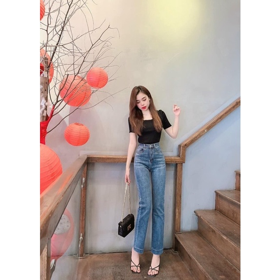 Quần jeans suông giãn gấu to #395