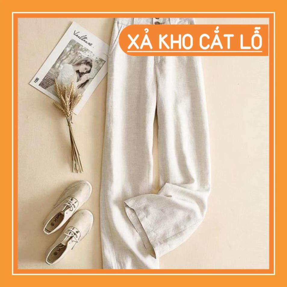 Quần ống rộng nữ vải đũi cạp cao 2 cúc suông dài tôn dán chun sau co dãn thoải mái