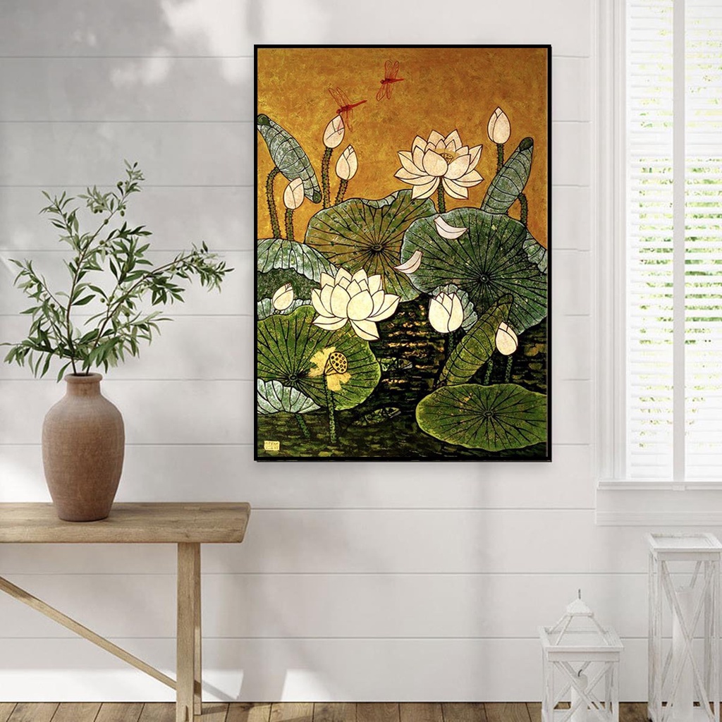 Tranh canvas treo tường hoa sen phong cách Đông Dương Indochine