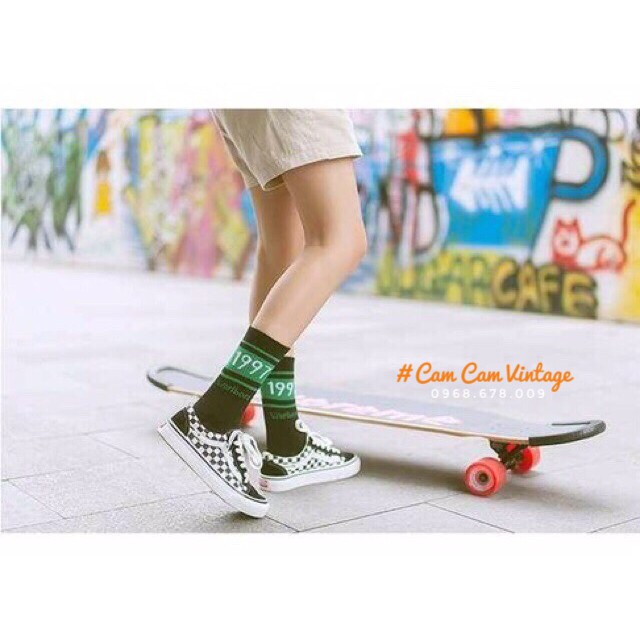 TẤT CAO CỔ NAM VƠ CAO CỔ NỮ ULZZANG TẤT UNISEX ĐEN TRĂNG CỔ CAO CHỮ XANH 1997