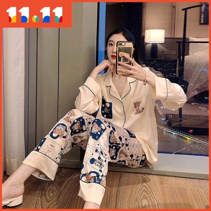 Bộ đồ ngủ tay dài chất liệu lụa lạnh in họa tiết hoạt hình Mickey thời trang xuân thu cho nữ