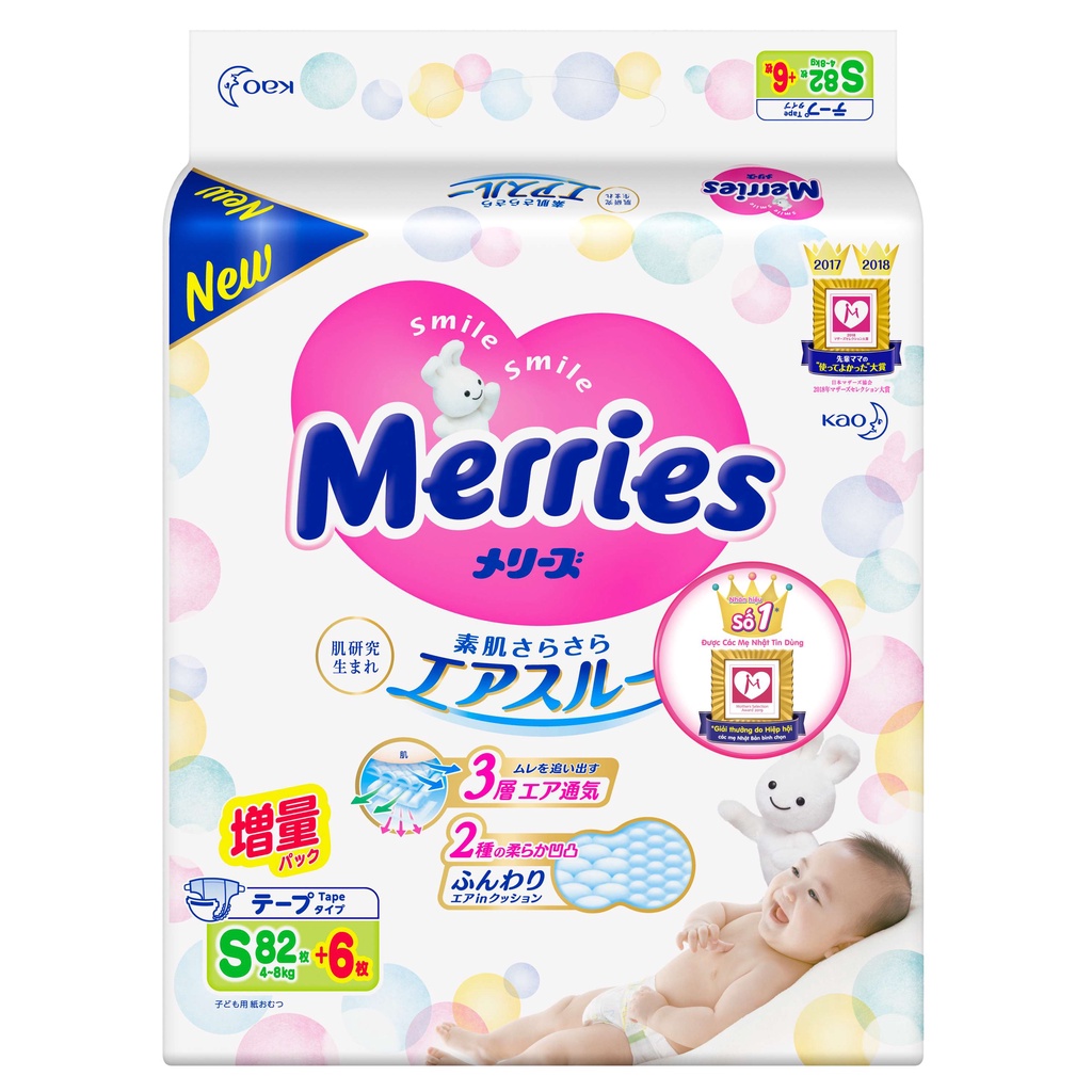 Bỉm Dán Meries cộng miếng Nội Địa Nhật S82+6 miếng (dành Cho Trẻ 4-8 kg)