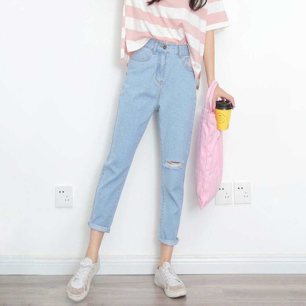 Quần denim lưng cao phối khoá kéo thiết kế dáng rộng thoải mái
