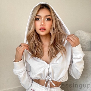 Áo croptop tay dài màu trơn phối mũ trùm có dây rút thời trang mùa thu cho nữ