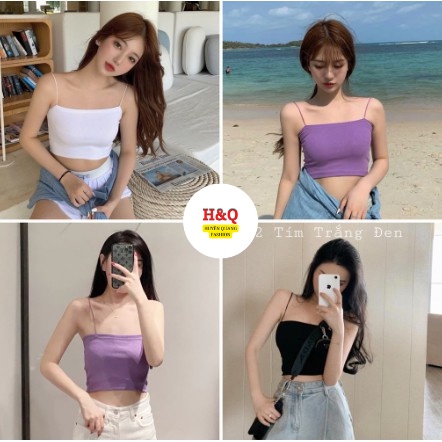 Áo 2 dây nữ croptop ôm sợi bún thun gân đẹp 100% cotton tím, trắng, đen mặc trong siêu mát _ Huyền Quang