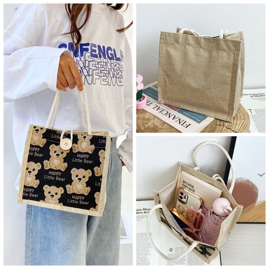Túi tote đeo chéo nữ vải bố phong cách Hàn Quốc hình gấu dễ thương