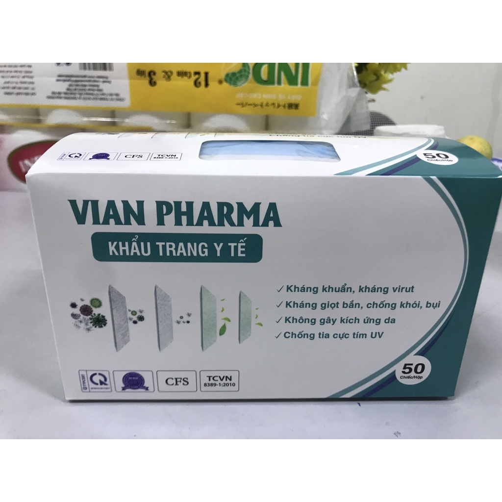 Thùng 50 hộp Khẩu trang Y tế 4 lớp hộp 50 cái xanh kháng khuẩn VIAN PHARMA đạt tiêu chuẩn Bộ Y tế - Khẩu trang cao cấp