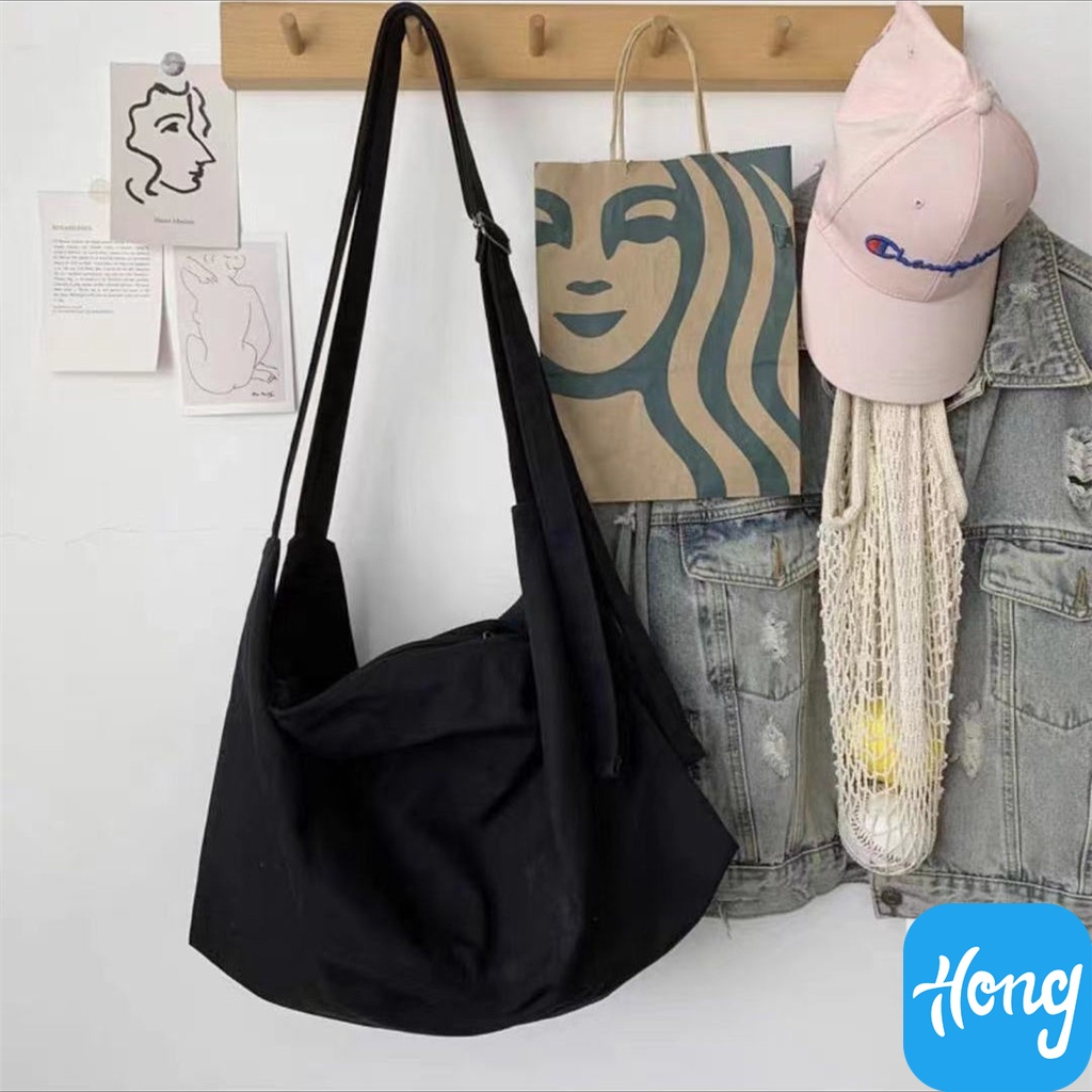 Túi vải canvas đeo vai sức chứa lớn phong cách Nhật Bản đơn giản xinh xắn cho nam và nữ