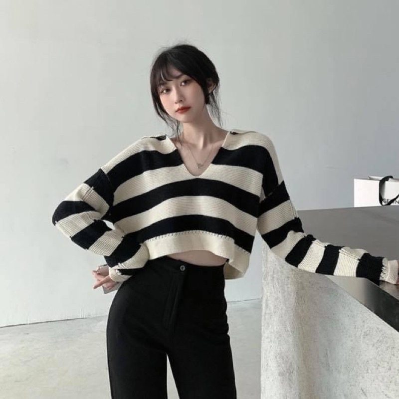 Áo polo kiểu tay dài cánh dơi croptop nữ len cổ v sọc kẻ ngang oversize - Order taobao quảng châu