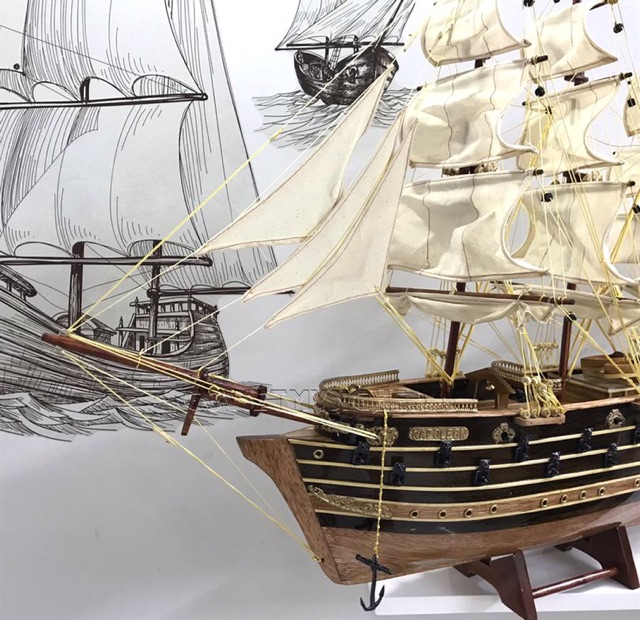 Mô hình thuyền gỗ thuyền trang trí tàu chiến cổ Napoleon của Pháp - Thân tàu dài 60cm - Gỗ xoan đào - Loại 1
