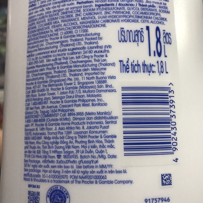 Dầu Gội Head &amp; Shoulder Bạc Hà (1800ml)