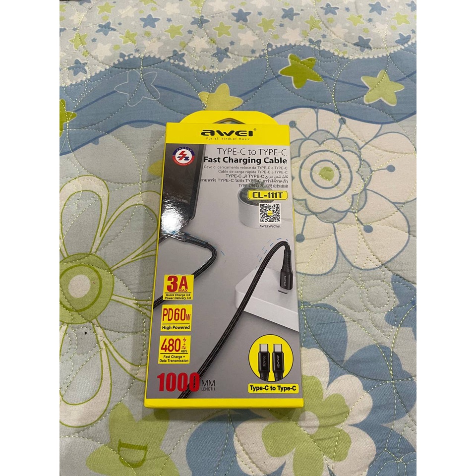 Cáp sạc AWEI CL-117T PD60W Type-C sang Type-C hỗ trợ sạc nhanh chất lượng cao