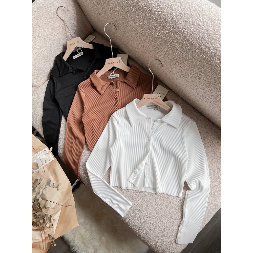 Áo sơ mi nữ trơn basic hàn quốc somi trắng tay dài form croptop ôm body Four Studio A32