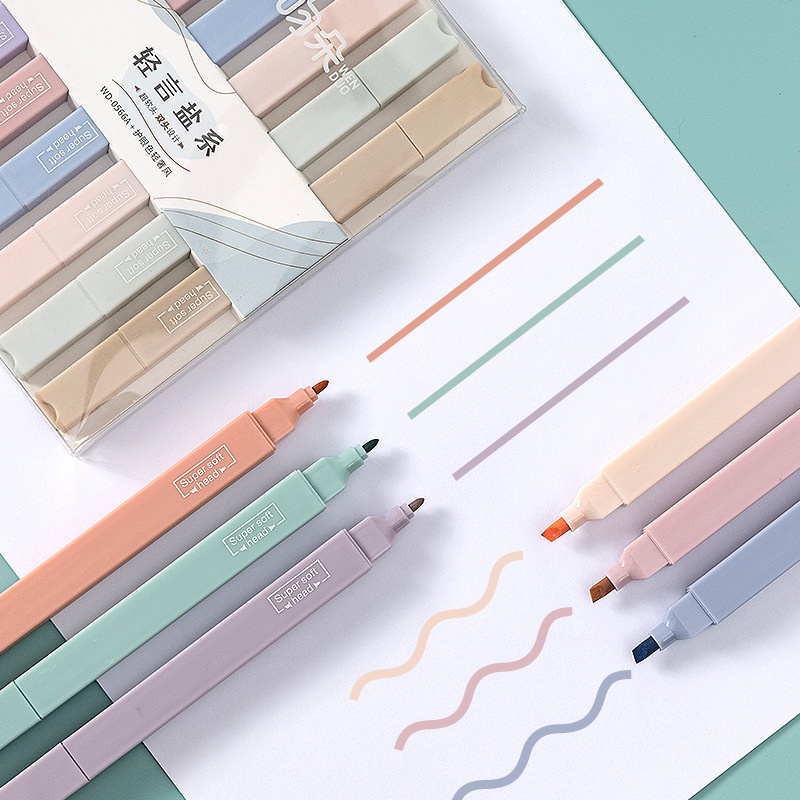 Bút highlight vuông pastel 2 đầu Béo shop , set 6 bút đánh dấu nhớ dòng morandi trang trí sổ bullet journal B18