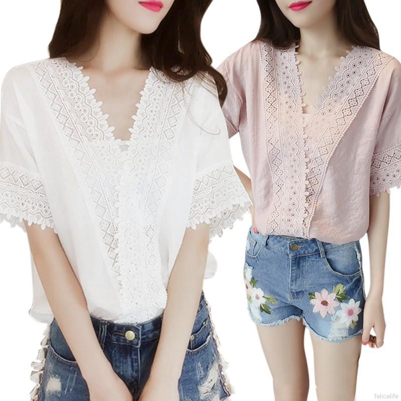 Áo nữ ngắn tay cổ V viền ren màu trơn thời trang nữ