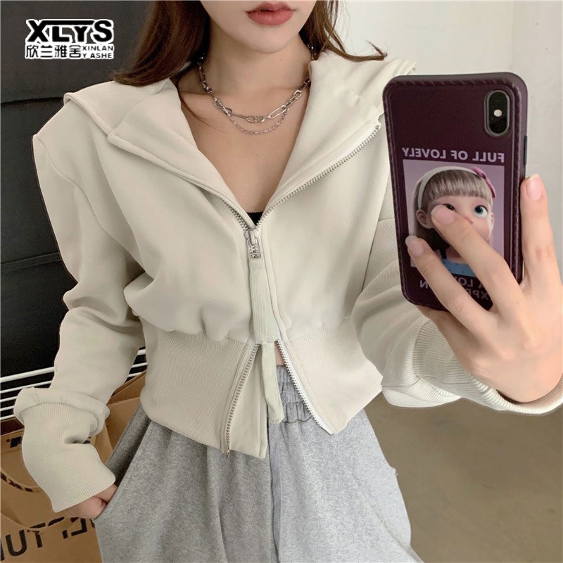 Áo khoác sweater XINLANYASHE mỏng dáng ngắn có khóa kéo thời trang thu đông Hàn Quốc hàng mới 2022 dành cho bạn nữ