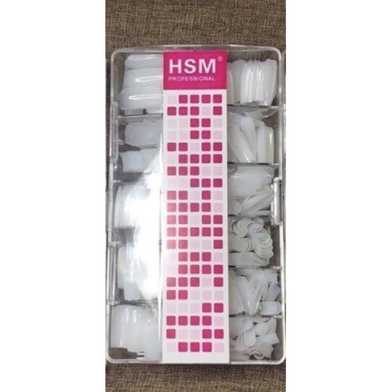 Móng úp HSM đủ phom đủ size - thang,vuông,nhọn,bầu,tròn- hàng loại 1 - tem hồng,tem đen, hộp 500 móng