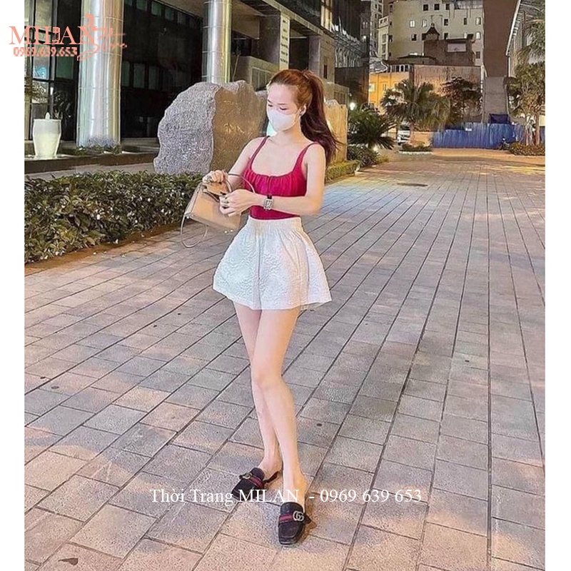 Quần xốp phồng nữ dập hoa in vân nổi cạp chun lưng cao dáng quần đùi nữ ống rộng đi biển hẹn hò dạo phố ở nhà cá tính