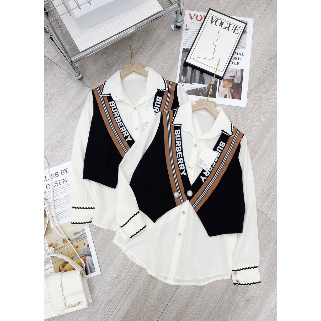 SET ÁO GHILE SƠ MI TRẮNG VIỀN TAY BO LEN PHỐI MÀU SIÊU SANG CHẢNH