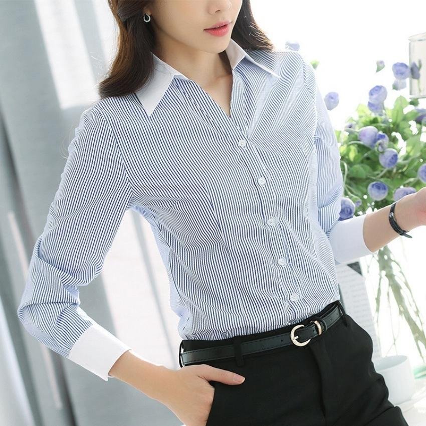 Áo Sơ Mi Nữ Dài Tay Kẻ Sọc Phối Cổ Trắng EMEREY LUXURY Chất Vải Kate Đẹp Thời Trang Nữ Cao Cấp