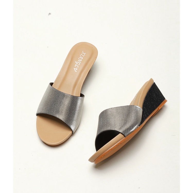 Dép đế xuồng quai ngang bản to chất da ánh kim, gót 6cm