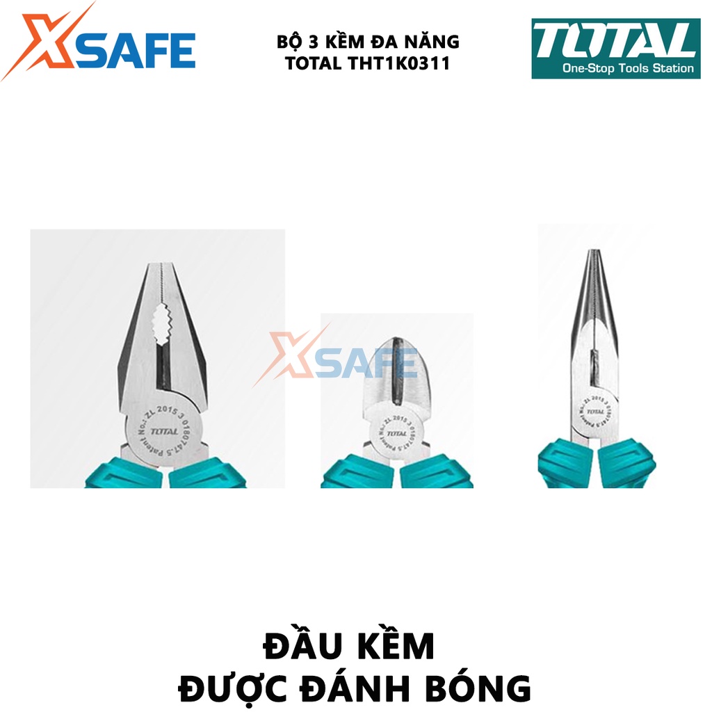 Bộ 3 kìm điện, kìm cắt, kìm mũi nhọn TOTAL THT1K0311 | bộ kềm đa năng gồm ba loại răng 7&quot;, mũi dài 6&quot;, cắt 6&quot;