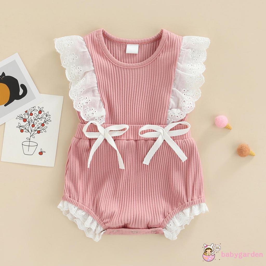 Bộ Áo Liền Quần Dệt Kim Không Tay Phối Ren Hoa Xinh Xắn Cho Bé Gái 0-18 Tháng Tuổi