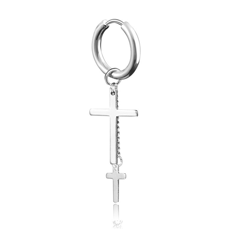 Khuyên tai inox không rỉ Idol Hàn Quốc dáng dài hình 2 cây thánh giá (1 chiếc) - XUÂN SHOP