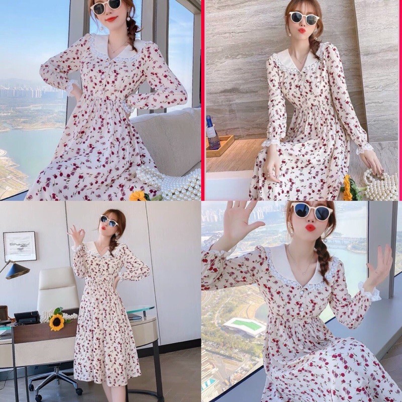 Đầm xoè hoa nhí phối cổ ren tiểu thư cực xinh (Có ảnh thật)