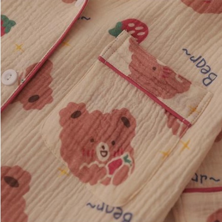 Bộ đồ ngủ tay ngắn chất liệu cotton in hình gấu trái dâu thời trang mùa hè 2021 cho nữ