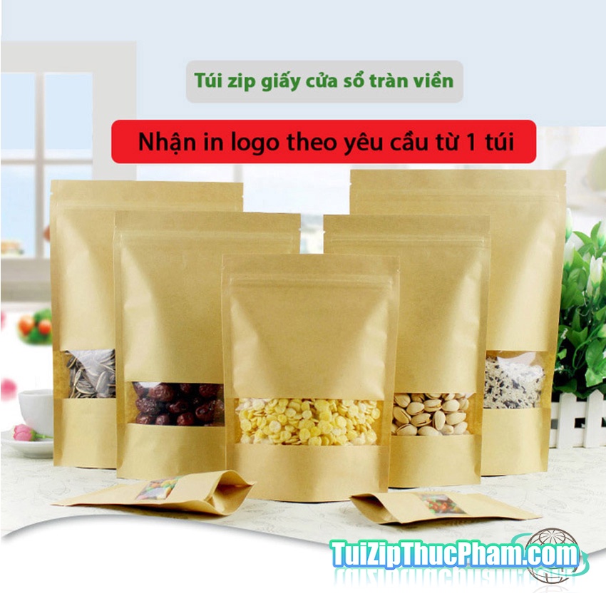 100 cái túi zip MIS size 9x14 cm đựng 50g bột mịn, túi zipper giấy kraft vàng có cửa sổ, phủ CPP đựng thực phẩm