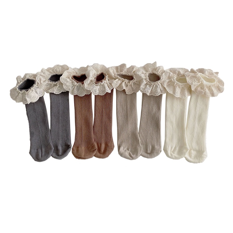 Vớ Cotton Dệt Kim Cổ Cao Thoáng Khí Phối Ren Màu Sắc Tinh Khiết Thân Thiện Với Làn Da Cho Em Bé Sơ Sinh