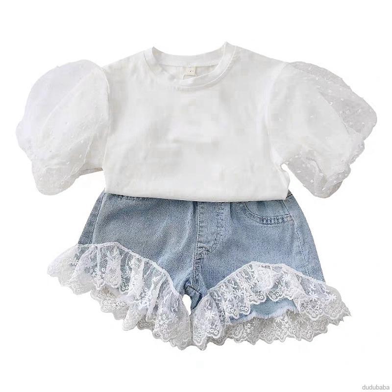 Set Áo Kiểu Tay Phồng Phối Ren Và Quần Short Denim Cho Bé Gái