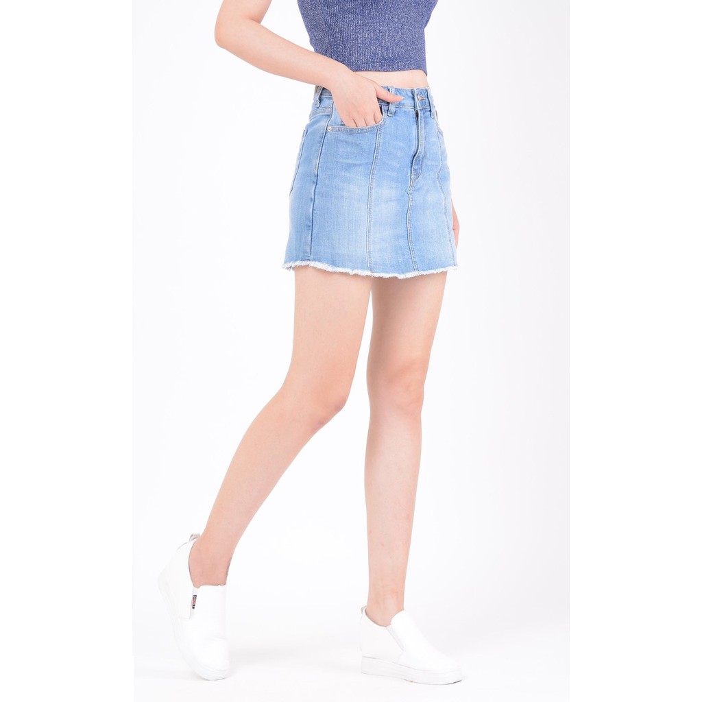 Chân váy jean nữ có quần bên trong đẹp lưng cao cạp cao trơn gân gấu tua rua hàng hiệu cao cấp mã 411 VANIZEN
