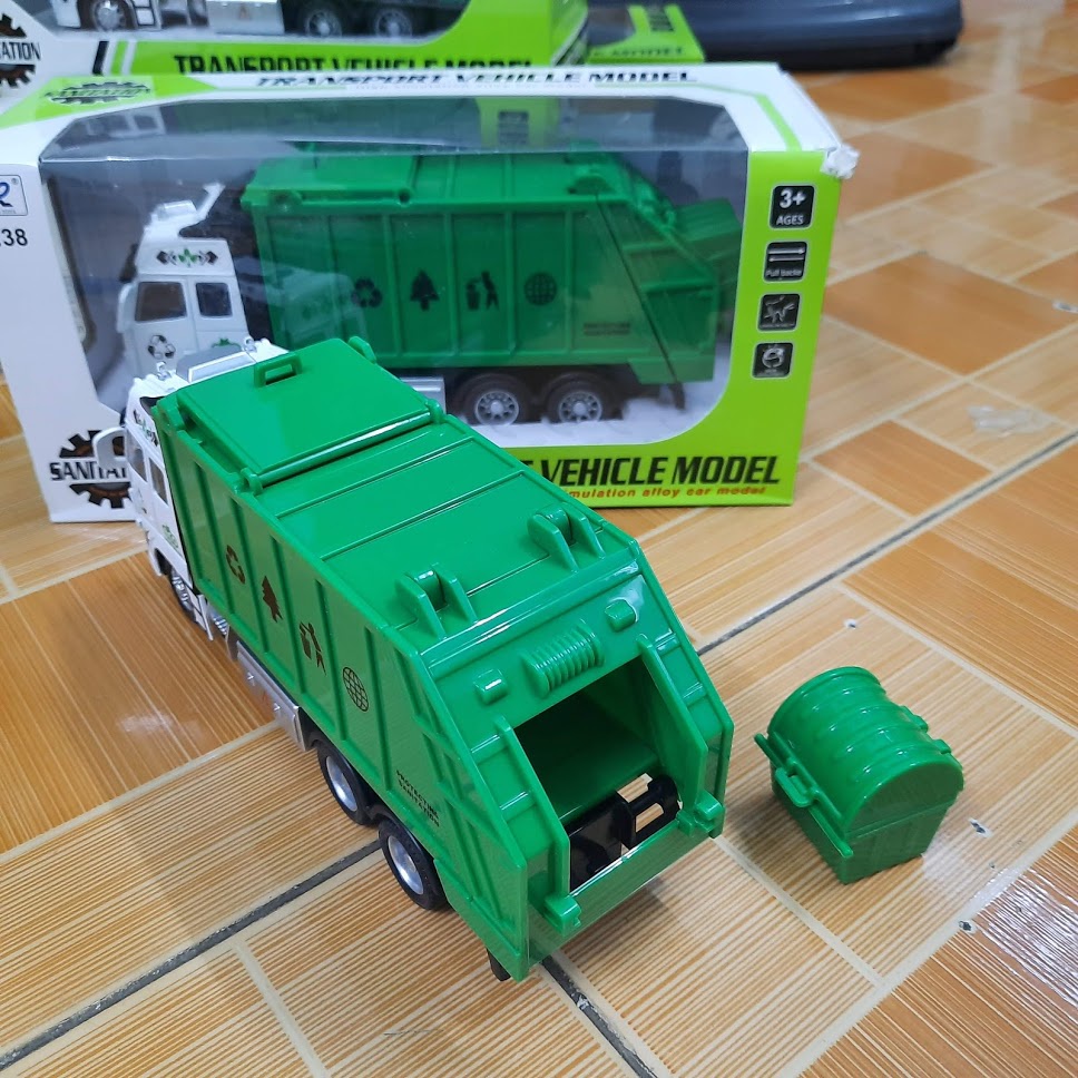 Đồ chơi trẻ em mô hình xe ô tô chở rác tỉ lệ 1:38 xe mở được thùng rác